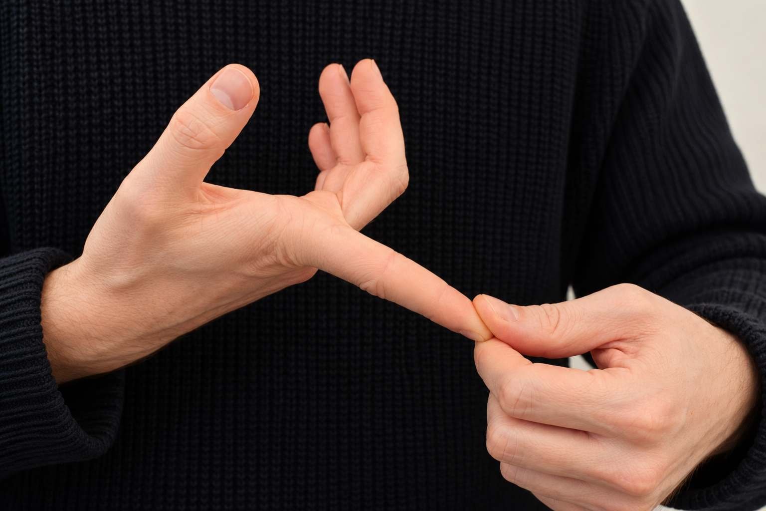 Gros plan sur deux mains avec un index maintenu en extension vers l'arrière